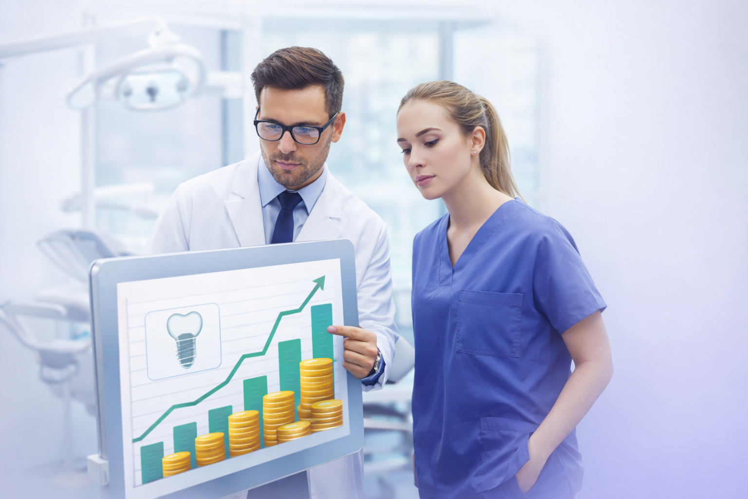 Dentist reviewing implant revenue growth strategy