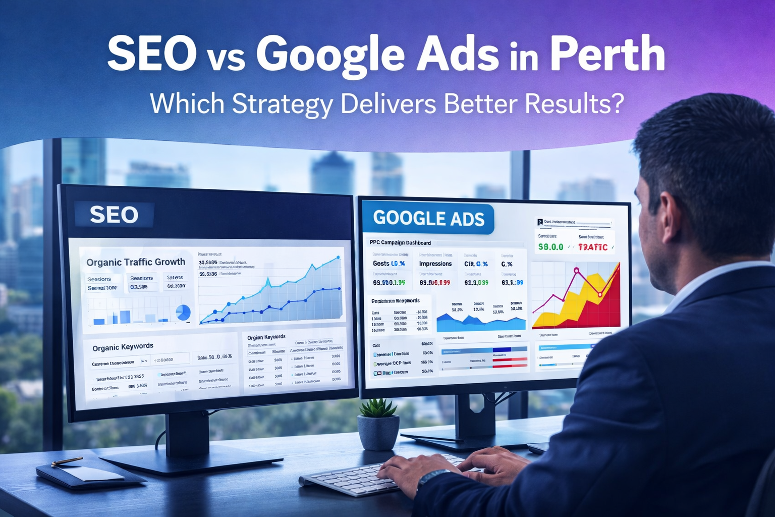 seo vs google ads comparison showing organic SEO growth and Google Ads performance data on dual screens in a Perth business environment
