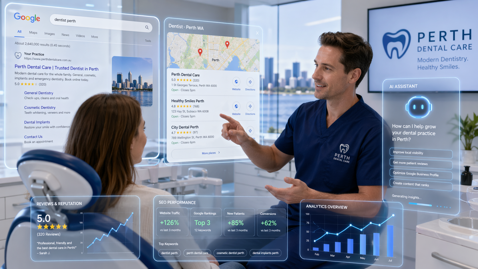 Dental SEO Perth concept showing a modern clinic with AI search and Google ranking elements