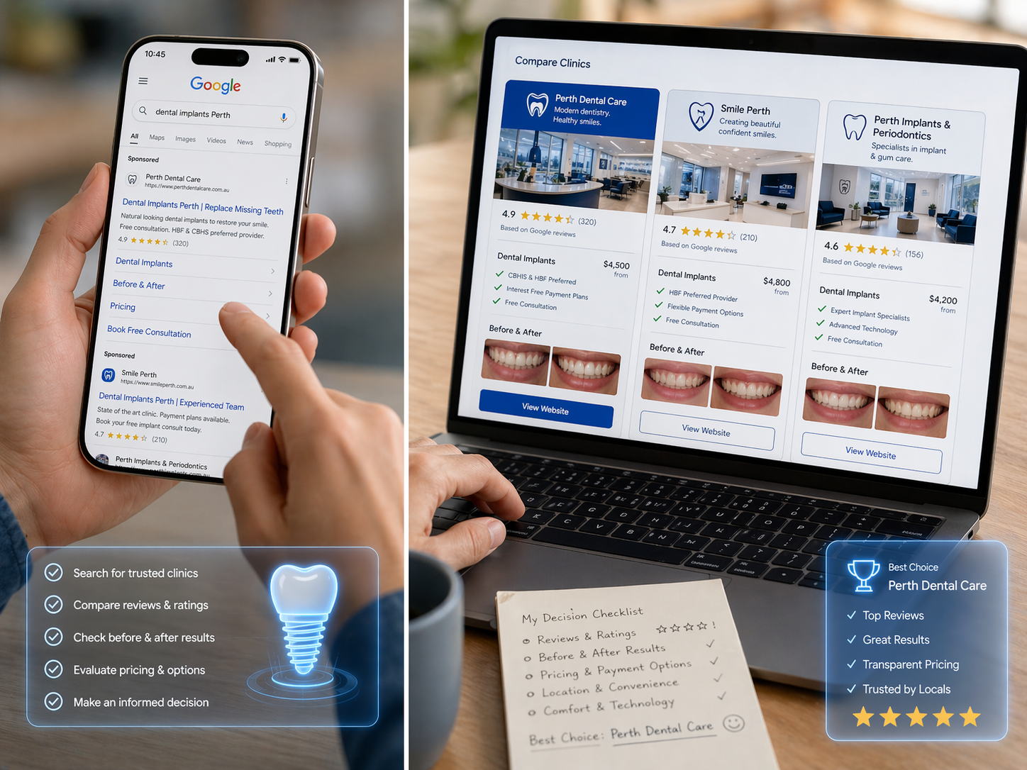 Patient researching dental implants in Perth comparing clinics and reviews online