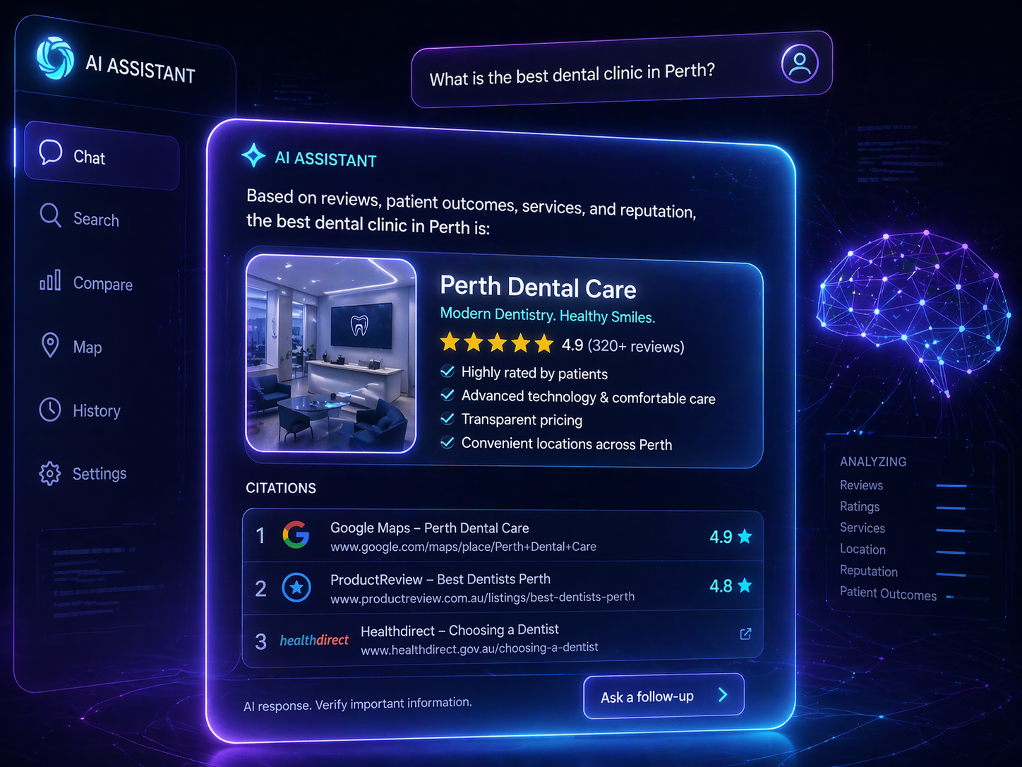 Answer Engine Optimisation showing AI tools recommending dental clinics in Perth