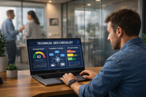 Technical seo checklist analysis on a website dashboard in an Australian business environment