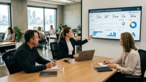PPC management Australia team discussing Google Ads strategy with Australian business owners