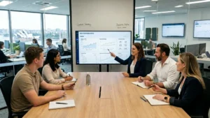 SEO content Australia team discussing SEO blog writing Australia and Google ranking content strategy in a modern office.