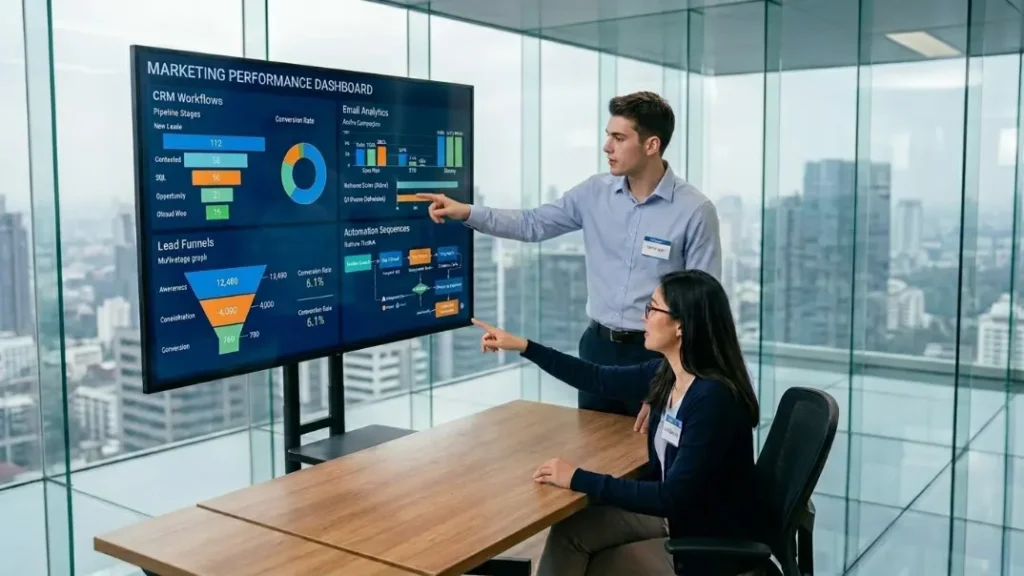 Marketing automation dashboard for SMEs managing customer workflows and lead generation.