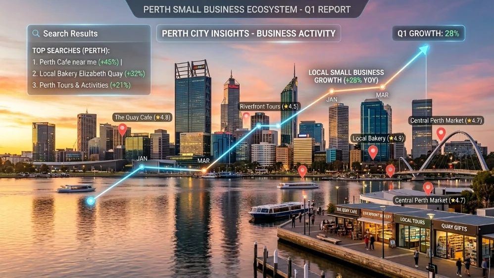 SEO for small businesses Perth concept with city skyline, digital search visibility and local ranking growth