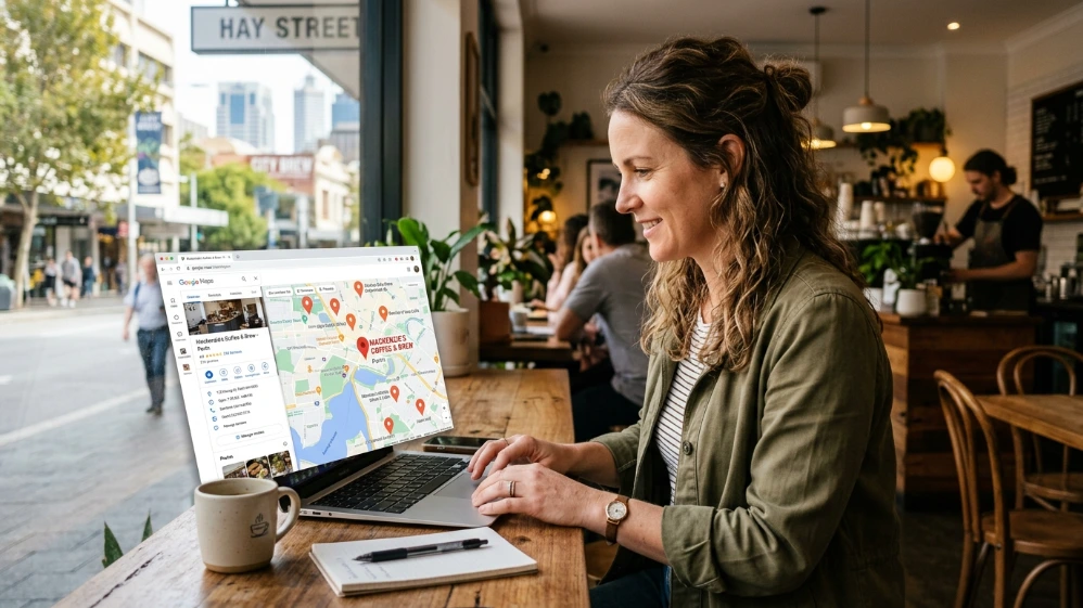  Local SEO Perth strategy showing business owner optimizing maps and local search listings 