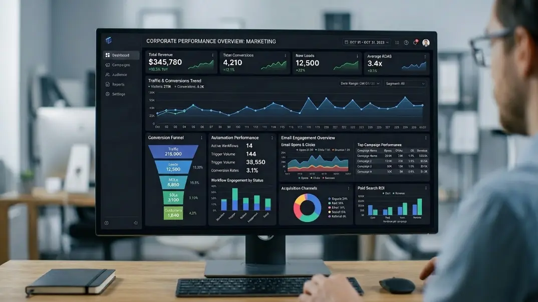 Marketing analytics dashboard tracking SME automation campaign performance.