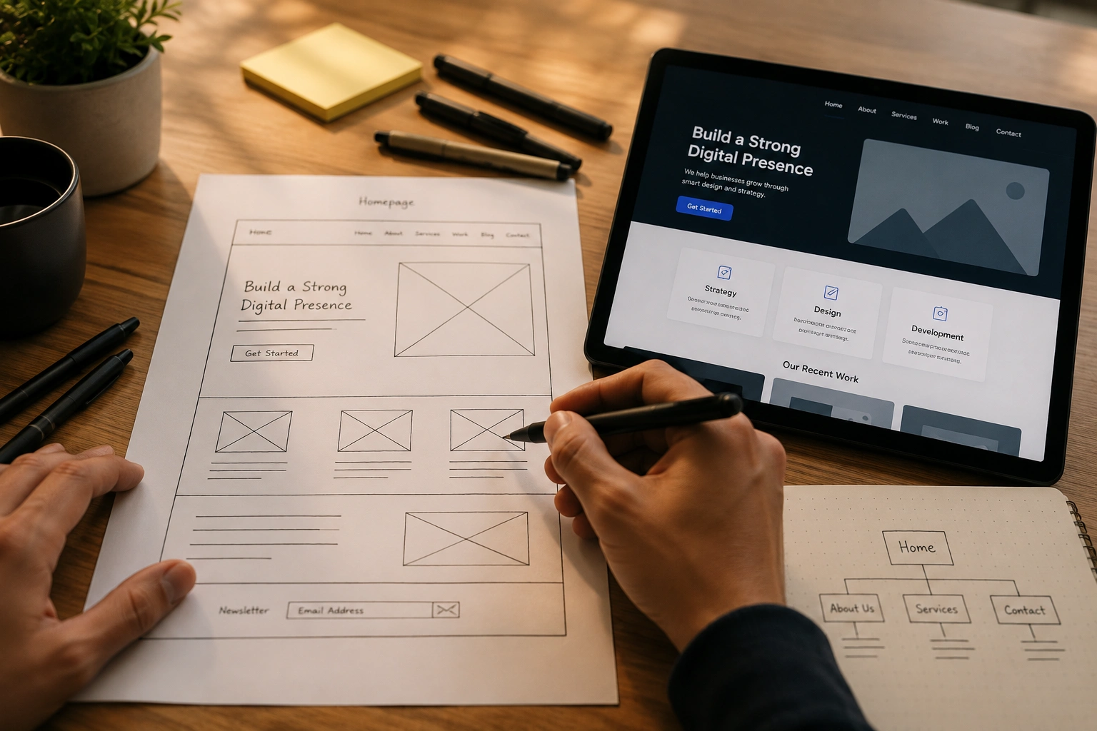 Website designer Perth sketching wireframe layout for client project