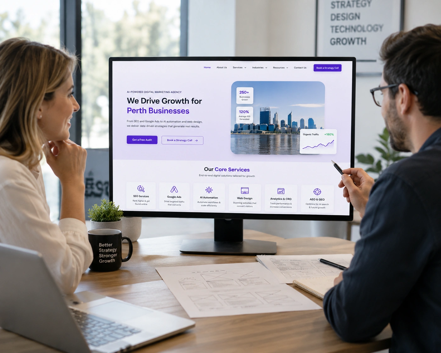 Perth business owner reviewing professional website design with designer